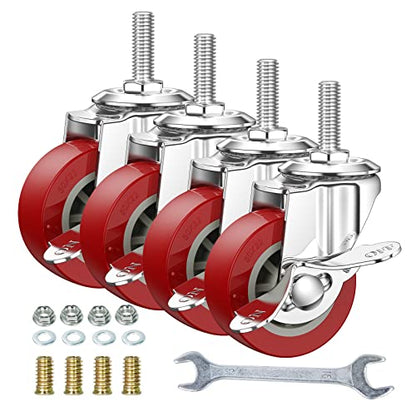 2 Inch Swivel Caster Wheels Set of 4, Locking Casters Heavy Duty Total Capacity 200lbs, Metric M8-1.25×25mm Threaded Stem PU Castors with Brake - color: Deep Red, size: 2 inch
