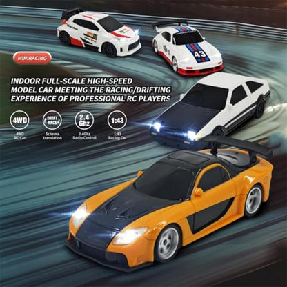 1/43 Scale RC Drift Car, 2.4GHz Full Proportional Mini Racing Car with Lights, 4WD Electric RTR Remote Control Car, Includes Drift & Racing Tires, Traffic Cones, USB Charger,（RTR/Rally Blue） - color: Rally Blue, size: RTR Version