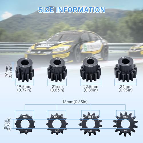 M1.5 Pinion Gear 11T 12T 13T 14T 8mm Shaft Steel Motor Gear Set for 1/5 1/6 1/7 1/8 1/10 Tra-xxas Arrma HSP HPI AXIAL LOSI RC Car Brushed Brushless Motor - size: 11T 12T 13T 14T