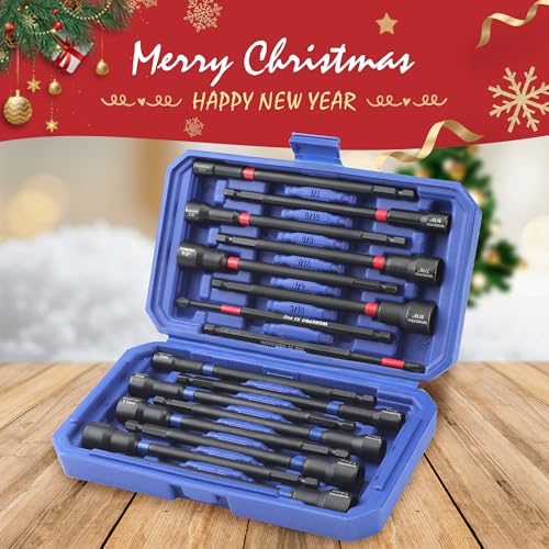 WORKPRO 16 PCS Magnetic Nut Driver Set, 6" Long Nut Drivers & Power Bits | Metric & SAE Nut Drivers for Impact Drill, Long Shank Nut Driver Bits, 1/4"Hex Shank, PH2, with Sturdy Tool Box - size: 16PCS Magnetic Long Nut Driver Set