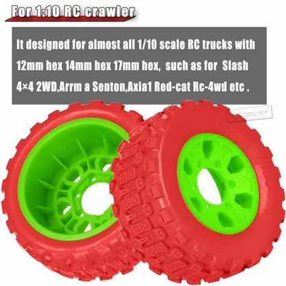 RC 1/10 Short Course Tires with 12MM 14MM 17MM Hex Compatible with Arrm a Senton,Axia1,Slash 2WD/4×4 4WD,Red cat, RC 4WD,Heavy Duty High Grip Rubber Tires w/Plastic Wheels,Red&Green - color: Red&green(4pcs)