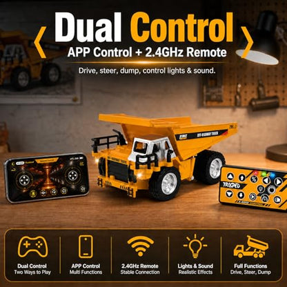1/64 Mini RC Dump Truck with APP & 2.4GHz Remote Control, Alloy Metal Construction Vehicle Toy, Rechargeable Dump Truck with Lights & Sound, Gift for Boys Girls Adults - style: RC Dump Truck