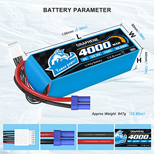 Yowoo 2 Pack 6S 22.2V 4000mAh 150C Graphene LiPo Battery EC5 | Fits Goblin, Align, Gaui helis, RC airplanes, cars, trucks, tanks and drones