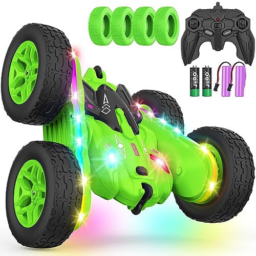Remote Control Car, Rc Cars Stunt RC Car Toys Upgraded Strip Lights and Headlights Kids Toys Double-Sided 360° Rotating 4WD Drift Truck for Boys Girls Birthday Gift (Green) - color: Green