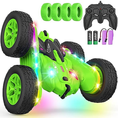 Remote Control Car, Rc Cars Stunt RC Car Toys Upgraded Strip Lights and Headlights Kids Toys Double-Sided 360° Rotating 4WD Drift Truck for Boys Girls Birthday Gift (Green) - color: Green