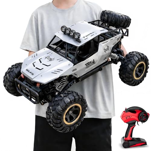 1:12 Large RC Rock Crawler, Remote Control Car 4WD Off Road Truck with Metal Shell, LED Headlights, Dual Motors, Shock Absorbers, 2 Batteries, All Terrain Monster RC Car for Kids Teens Adults Silver - size: 1:12 Silver Crawler