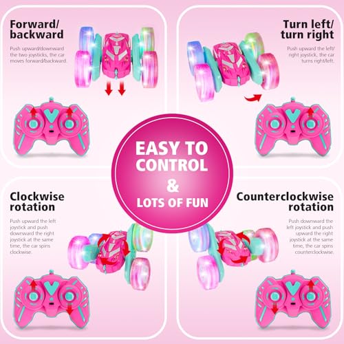 Amicool Remote Control Car for Girls 6-12 with Flashing Light, Toys 6 7 8 9 Years Old Girl Birthday Gifts Idea, RC Cars Stunt 4WD 2.4Ghz Double Sided 360° Flip, Present for Kids, Christmas, Pink - color: Pink