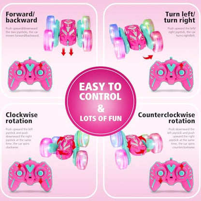 Amicool Remote Control Car for Girls 6-12 with Flashing Light, Toys 6 7 8 9 Years Old Girl Birthday Gifts Idea, RC Cars Stunt 4WD 2.4Ghz Double Sided 360° Flip, Present for Kids, Christmas, Pink - color: Pink