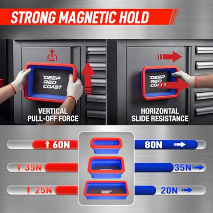 Collapsible Magnetic Parts Tray Set, 3 Pcs Silicone Magnetic Tool Trays | 3 Different Sizes with Strong Magnetic Hold for Screws Nuts Bolts Washers, Garage Toolbox and Auto Repair