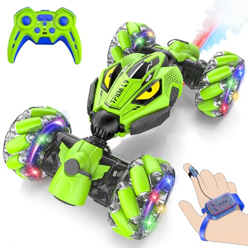 Unique 4WD High Speed RC Cars, Gesture Sensing Remote Control Cars for Boys 8-12, Double‑Sided Driving RC Drift Car, 360° Rotating Stunt Car Toys, Outdoor Toys for Kids Ages 6 7 8 9 10 11 12 Year Old - color: Green