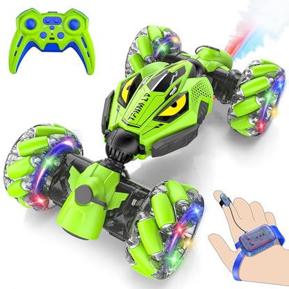 Unique 4WD High Speed RC Cars, Gesture Sensing Remote Control Cars for Boys 8-12, Double‑Sided Driving RC Drift Car, 360° Rotating Stunt Car Toys, Outdoor Toys for Kids Ages 6 7 8 9 10 11 12 Year Old - color: Green
