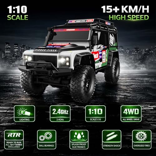 RC Cars RC Crawler 1/10 Scale RTR Remote Control Car 4WD 2.4GHz Brushed Offroad Racing Hobby Grade Model Vehicle with LED Lights 2Pcs Battery Toy for Kids and Adults - color: A-green