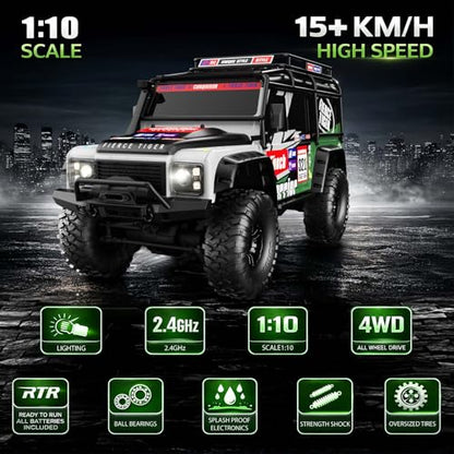 RC Cars RC Crawler 1/10 Scale RTR Remote Control Car 4WD 2.4GHz Brushed Offroad Racing Hobby Grade Model Vehicle with LED Lights 2Pcs Battery Toy for Kids and Adults - color: A-green