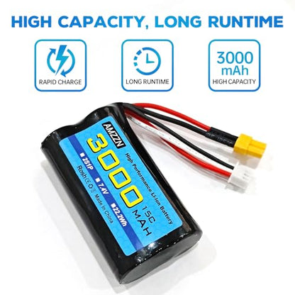 2PCS 7.4V 3000mAh 15C 2S XT-30 Plug Li-ion Battery with 2-in-1 Charger for RC High-Speed Cars, Trucks RC Ship Model Car and Huina Engineering Vehicle Batteries