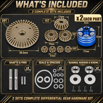 2 Sets Aluminum Differential Case & Gear 39T 22049 for Tamiya XV-02 MB-01 XM01 1/10 RC Car Upgrade Front Rear Gear Diff Replacement Hop-Up Parts, Blue - color: Blue