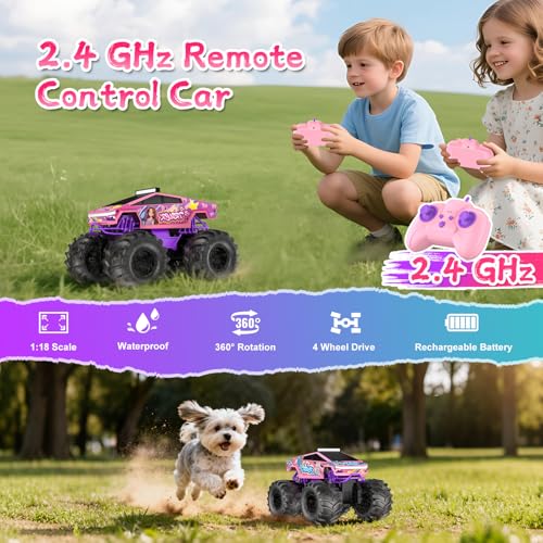 Amphibious Remote Control Car, 1:18 Pink Monster Truck Toys for Girls RC Cars, 2.4 GHz Waterproof RC Trucks, 4WD All Terrain Off-Road Pickup, Girls Christmas Birthday Gifts Presents Kids Toys Ages 6+ - color: Pink