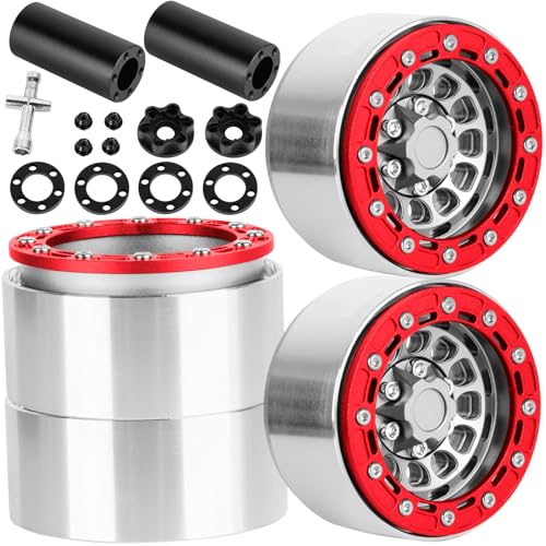 RC 1.9 Beadlock Aluminum Deep-Dish Wheels w/Adjustable Offset for 1/10 RC Crawler SCX10 TRX4 TRX6 VS4-10 Gen8 7 MST CFX D90,Alloy 1.9 RC Beadlock Wheels 1.9 RC Rims,Silver w/Red