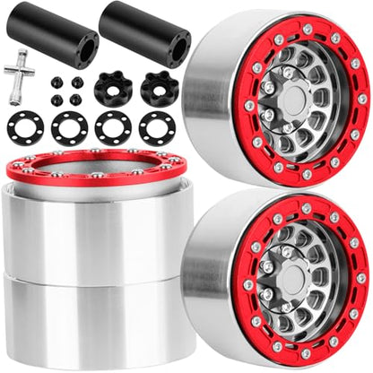 RC 1.9 Beadlock Aluminum Deep-Dish Wheels w/Adjustable Offset for 1/10 RC Crawler SCX10 TRX4 TRX6 VS4-10 Gen8 7 MST CFX D90,Alloy 1.9 RC Beadlock Wheels 1.9 RC Rims,Silver w/Red