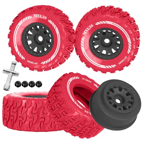 RC MX1.25 RC Truck Wheel Tires for Traxx as/Mojave GROM 223S 4x4 RTR,14301 14302 14303,Tamiya Kyosho HPI 1/14-1/18 Scale On/Off Road,RC Monster Truck Car Wheels,Black-Red - color: Black-red(rc Wheels Tires)