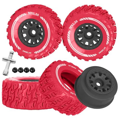 RC MX1.25 RC Truck Wheel Tires for Traxx as/Mojave GROM 223S 4x4 RTR,14301 14302 14303,Tamiya Kyosho HPI 1/14-1/18 Scale On/Off Road,RC Monster Truck Car Wheels,Black-Red - color: Black-red(rc Wheels Tires)