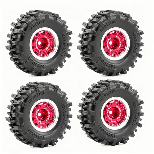 0.7” Wheel & Mud Terrain Tire Set for 1/30 RC Crawler, -1.00mm Offset, Axial SCX30 & Redcat Ascent-32, CNC Aluminum Rims, 5mm Hex, Shims Screwdriver Included, Pre-Assembled, 4 pcs, Red - color: Red, size: Loose-dirt-mud-bite