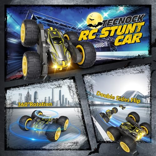 Tecnock Remote Control Car for Kids, 2.4GHz RC Cars with USB-C Easy Charging, 4WD Double Sided 360° Rotates and Flips RC Stunt Car, Toys Gift for Boys and Girls Ages 6-8, 8-12 - color: Yellow