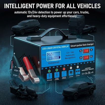 12V/24V Smart Car Battery Charger with LCD Display, Automatic Battery Maintainer & Trickle Charger, Temperature Compensation, Overcharge Protection for Cars, Trucks, SUVs & Motorcycles