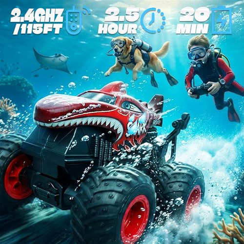 BEZGAR Monster Truck Toys - Remote Control Monster Truck with Light & Music, Dinosaur Toys for Kids, 1:20 Scale RC Truck with 360° Spins and Drifting, Remote Control Car for Boys (Red) - color: Red