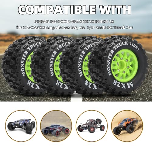 2.8" RC Tires with 12mm/14mm Hex Adapter 1/10 Scale RC Truck Tires RC Wheels and Tires Set for Traxxas Arrma Rustler Stampede 4PCS (Green) - Not Glued - color: Green