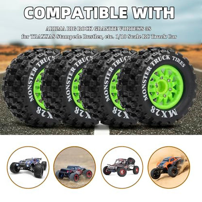 2.8" RC Tires with 12mm/14mm Hex Adapter 1/10 Scale RC Truck Tires RC Wheels and Tires Set for Traxxas Arrma Rustler Stampede 4PCS (Green) - Not Glued - color: Green