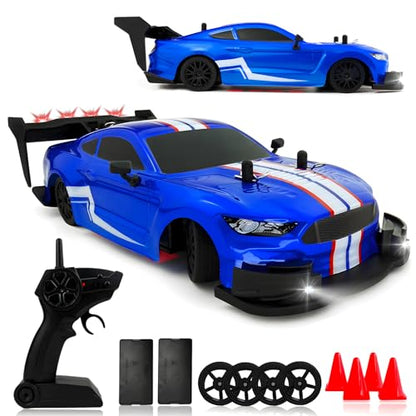 1:20 RC Drift Car for Kids,4WD 2.4GHz 30KM/H High Speed Remote Control Car, Racing Sport Toy Car with LED Lights,Drifting Tires＆2 Batteries (Blue) - color: Blue