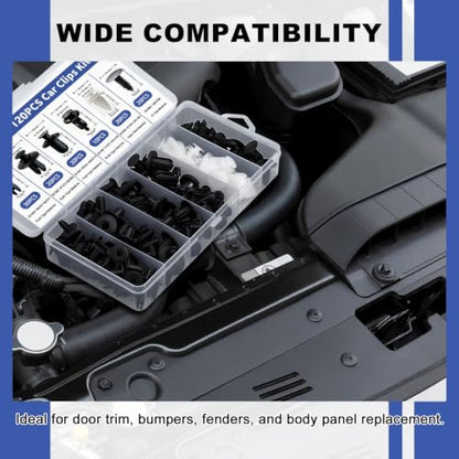 120PCS Car Clips Kit, 6 Popular Sizes, Fits Most Vehicles | Push-In Plastic Rivets with Removal Tool for Bumper, Fender & Door Trim Panel Replacement