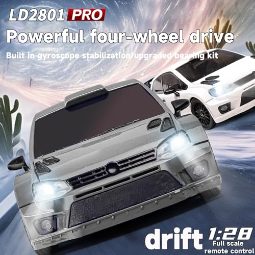 LD2801Pro Mini RC Drift Car 1/28 Scale RTR Remote Control 4WD Racing Cars with Gyro and 4PCS Drift Tires and LED Searchlight for Hobby Gift (Silvery) - color: Silvery