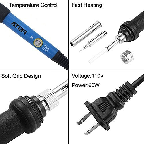 Soldering Iron Kit Electronics - FEITA Adjustable Temperature Solder Iron AC110V 60W with 5Pcs Different Solder Tips, Soldering Stand, Solder Wire for Variously Electronic Repair - color: 60w 8in1