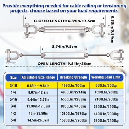 3/16 Turnbuckle Heavy Duty 304 Stainless Steel Turnbuckle Tensioner, 660 lbs Working Load Limit, Jaw and Jaw Turnbuckles for Cables Wire Shade Sail Deck Tractor Ground Anchor (2PCS) - size: 3/16"(M5)-2PCS