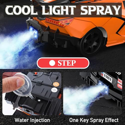 Remote Control Car RC Drift Car 1:16 Scale 4WD 18KM/H High Speed Model Vehicle 2.4GHz with LED Lights Spray Rubber Tire Racing Sport Toy for Adults Boys Girls Kids Gift 2Pcs Rechargeable Batteries - color: Orange