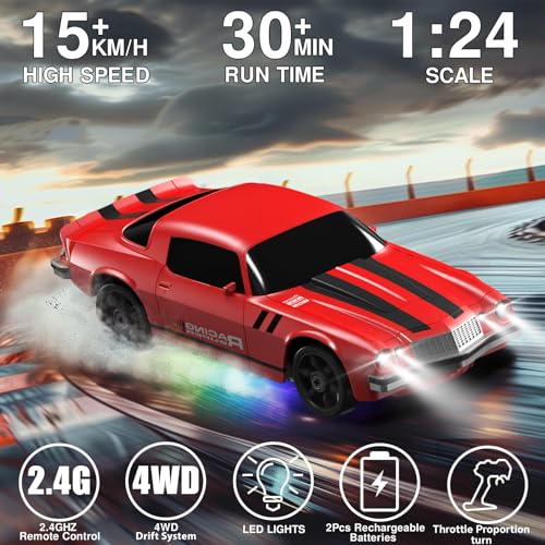 Remote Control Car RC Drift Car 2.4GHz 1:24 4WD 15KM/H High Speed Racing Sport Car with LED Lights Drifting Tire Racing Sport Toy for Adults Boys Girls Kids Gift - color: Red