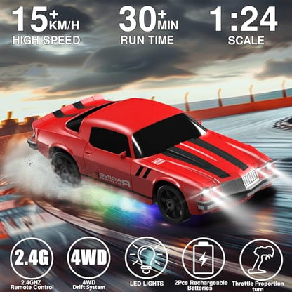 Remote Control Car RC Drift Car 2.4GHz 1:24 4WD 15KM/H High Speed Racing Sport Car with LED Lights Drifting Tire Racing Sport Toy for Adults Boys Girls Kids Gift - color: Red