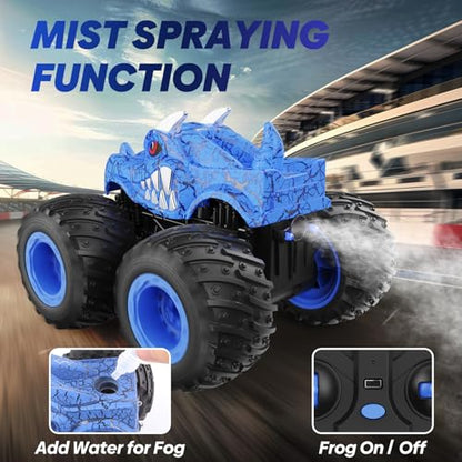 BAODLON Remote Control Monster Car, 2.4GHz RC Monster Trucks Toys for 3 4 5 6 7 8 Years Old Boys Kids, All Terrain RC Truck Off Road with Spray, Light, Rechargeable Battery, Christmas Birthday Gifts - style: Dinosaur-blue