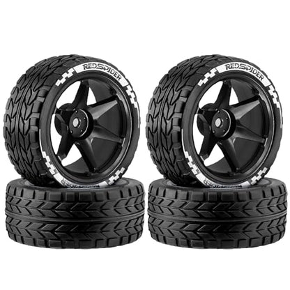 1/10 RC On Road Tires OD 2.55'' and Aluminium Street Wheels 4PCS 12mm Hex Touring Tyres for 1:10 Rally Racing Drift Car Tamiya TT01 TT02 XV01 HPI KYOSHO HSP PTG2 Traxxas TA06 A959 (Black) - color: Black