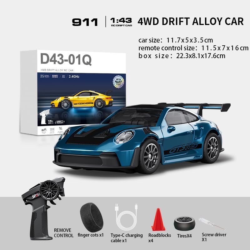1:43 RC Drift Car 20KM/H with Gyro, 2.4G 4WD Full Proportional Alloy Sport Racing Car, Adjustable Speed, LED Lighting for Teens & Adults-D43-01 - color: Q4/Dark Blue