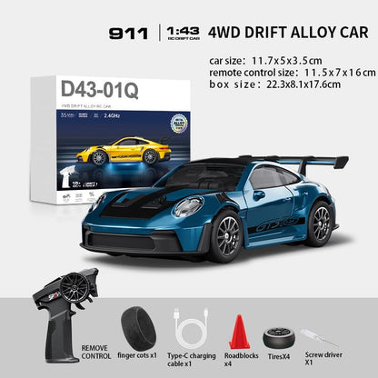 1:43 RC Drift Car 20KM/H with Gyro, 2.4G 4WD Full Proportional Alloy Sport Racing Car, Adjustable Speed, LED Lighting for Teens & Adults-D43-01 - color: Q4/Dark Blue