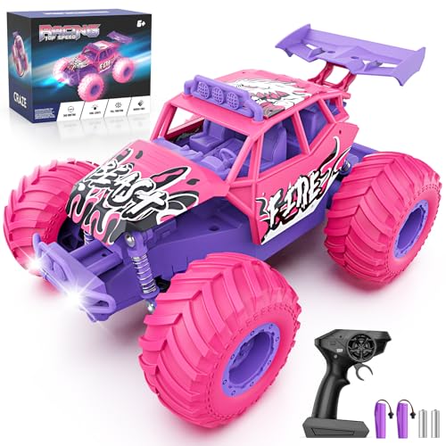 Remote Control Car, All Terrain RC Cars with Speed Switch RC Truck with LED Headlight and Rechargeable Batteries, 20KM/H Monster Truck Toys Gift for Girls Age 6-8 8-12, Pink - color: Pink