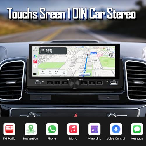 Car Radio 1 DIN 6.86 Inch, Wireless CarPlay Android Auto Car Stereo, Bluetooth Hands-Free, FM Radio, Steering Wheel Control, MirrorLink, AUX Input, Equalizer Multimedia Player with HD Reversing Camera