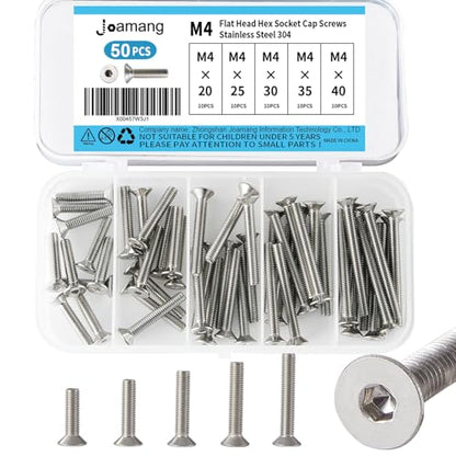M4 x 20mm 25mm 30mm 35mm 40mm Flat Head Hex Socket Cap Screws Countersunk Bolts, Stainless Steel 304, Metric Allen Hex Drive, Bright Finish, Fully Threaded, Assortment Kit 50PCS - size: M4 x 20/25/30/35/40 mm