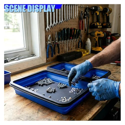 3PCS Collapsible Magnetic Parts Tray Set, Silicone Heavy-Duty Tool Tray with Strong Magnetic Base, Foldable Auto Organizer for Bolts, Nuts, Washers & Other Small Metal Parts (Blue)