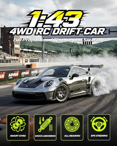 ARRIS 1/43 911 RC Drift Car 4WD with Gyro Full Proportional RTR | Alloy Body, 20KM/H Speed, Extra Drift Tires, Silent Bearings, LED Lighting - color: Silver-911