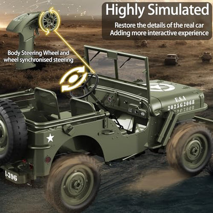 RC Jeep 1/10 Scale Willys Hobby RC Car Off-Road Military Crawler, 2.4Ghz Military Truck 4WD RC Crawler with Light, Tarpaulin, Metal Shaft, 4x4 Off Road Vehicle RTR Jeep Car, 2 Batteries