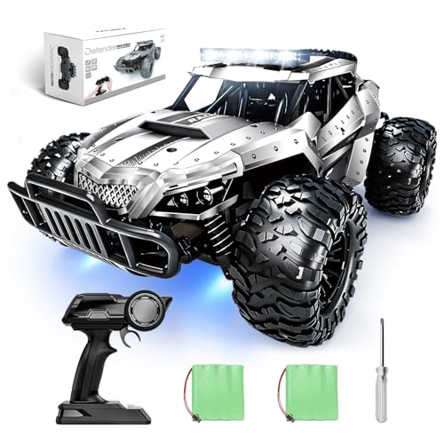 Tecnock RC Car 1/16 Scale Remote Control Car for Boys, High Speed 20 Km/h All Terrains Rc Monster Truck with Two Rechargeable Batteries & Head Chassis Lights Gift Toy for Kids Adults, Silver - color: Silver