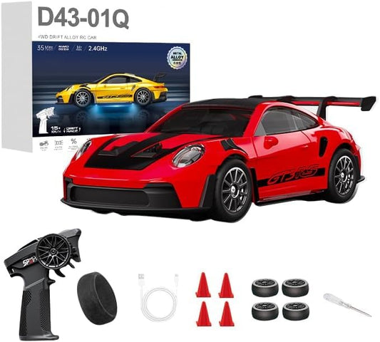 1:43 RC Drift Car 20KM/H with Gyro, 2.4G 4WD Full Proportional Alloy Sport Racing Car, Adjustable Speed, LED Lighting for Teens & Adults-D43-01 - color: Q2/Red